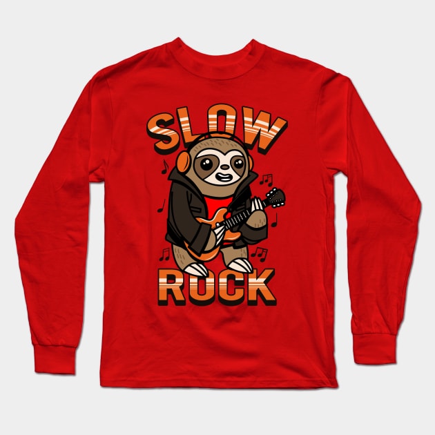 Cute Kawaii Slow Rock Guitar Playing Sloth Gift For Sloth Lovers Long Sleeve T-Shirt by Originals By Boggs